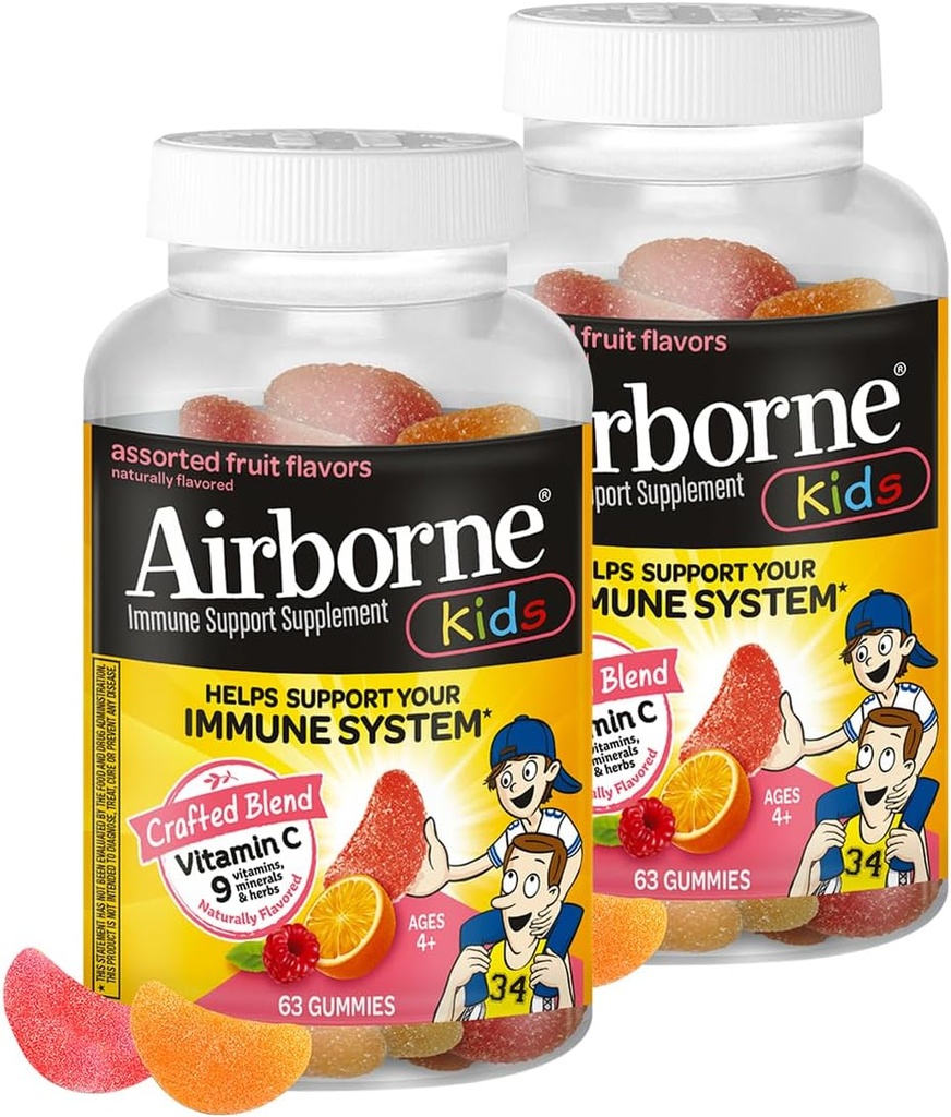 Enfants Airborne 500mg Gommies Vitamine C, Enfants Immune Soutien Gommies de zinc avec puissants antioxydants VIT C & E - 63 Gommies, Arômes de fruits assortis (paquet de 2)