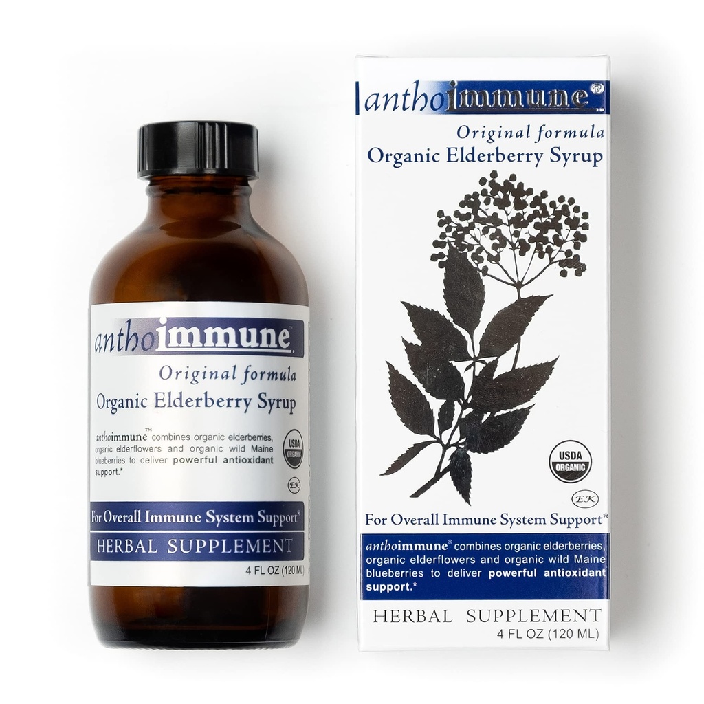Sirop de baies aînées biologiques - Anthoimmune - Supplément de soutien immunitaire pour les adultes et les enfants - USDA Formule biologique, ultra-prémium de baies aînées noires (4 oz) 24 portions