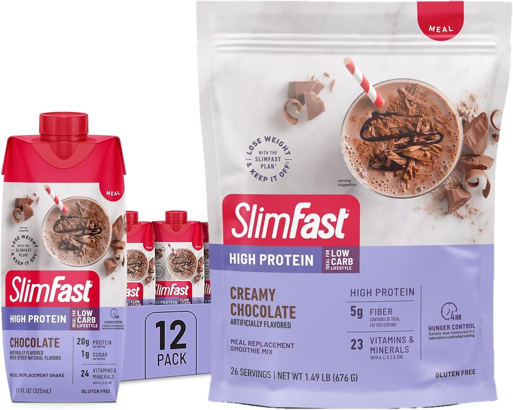 Chocolat à haute teneur en protéines SlimFast - 12 Nombre de substituts de chocolat à haute teneur en protéines (20g de protéines) avec 26 portions de chocolat à haute teneur en poudre (20g de protéines)