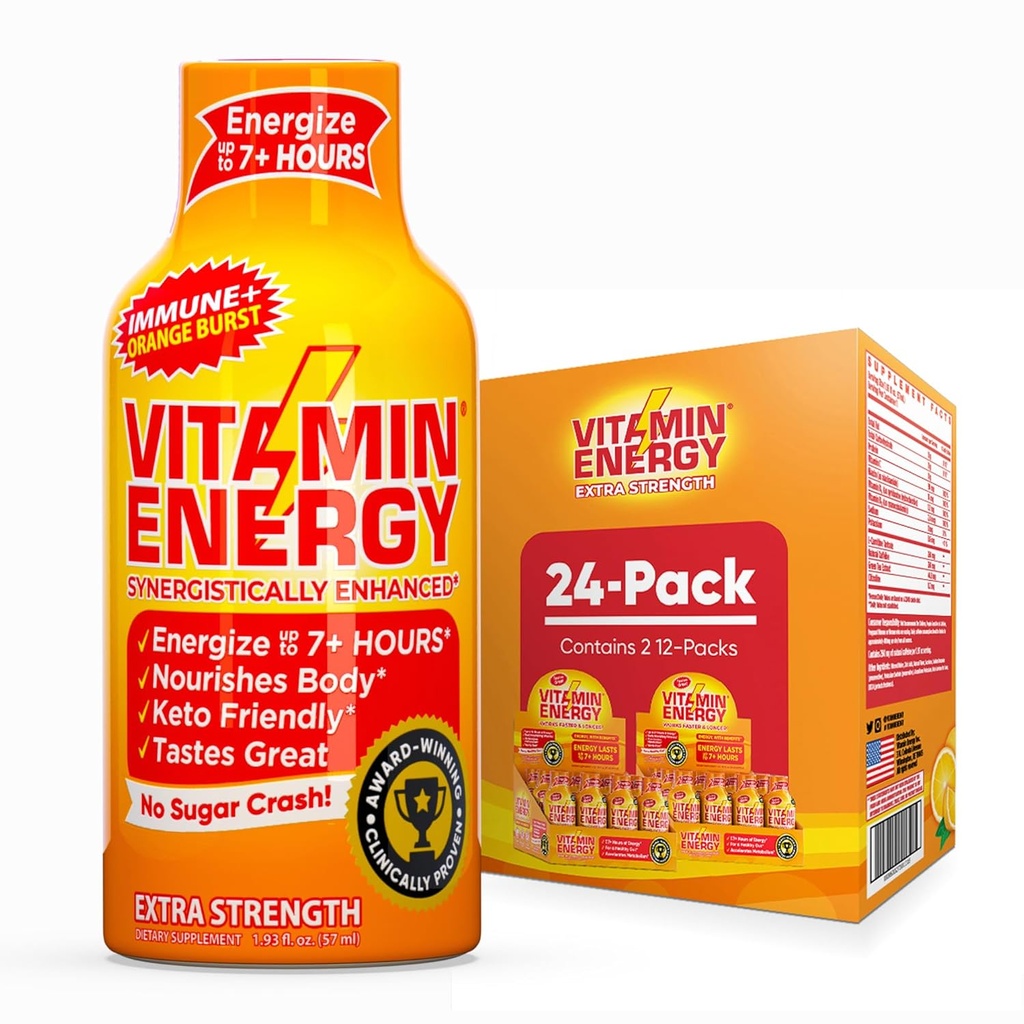 Vitamine Energy Immune+ Extra Strength Energy Shot Orange Burst 24 Pack, 260mg Caféine naturelle, B-Vitamines, Citicoline, Thé vert, Immunity & Focus Support, Zéro Sucre, Sans gluten 1,93 fl oz