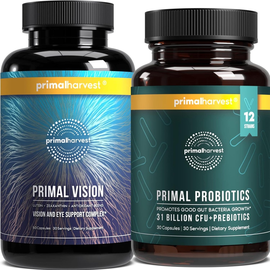 Primal Harvest Probiotiques et suppléments de vision pour les femmes et les hommes Vision et complexe de soutien oculaire avec Lutein, Zeaxanthin Bundle