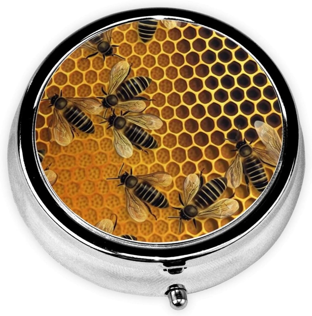 Abeilles sur la ruche Pill Box Metal Round Petite Pill Case Cute 3 Compartiment Pill Organizer Portable Travel Pillbox Mini Pill Container Holder for Daily Medicine Supplement Vitamine