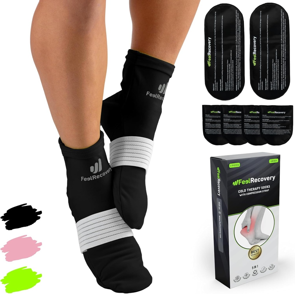 Ice Pack Socks for Feet Coolers - Reusable Hot&Cold Therapy Socks w/Compression Straps - Cold Gel Pack for Neuropathy, Foot Pain, Plantar Fasciitis & Sprains (Black, L/XL)