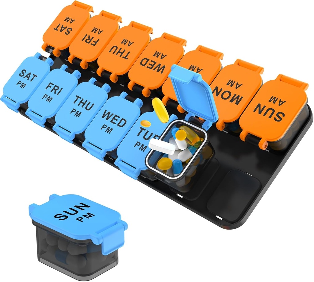 Grand Organisateur de pilules de 7 jours, XL AM PM Deux fois par jour Boîte de stockage de médicaments, grand support de pilules de 2 semaines pour pilules, vitamines et suppléments, cas de pilules de voyage pour les médicaments (Blue+Orange)