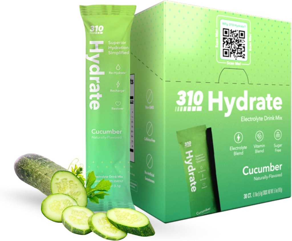 310 Nutrition Poudre d'électrolytes sans sucre - Packs instantanés d'hydratation pour équilibre quotidien des fluides - Mélange de boissons de réhydratation sans caféine avec vitamines, faible teneur en calories et kéto - Concombre 30 pièces simples