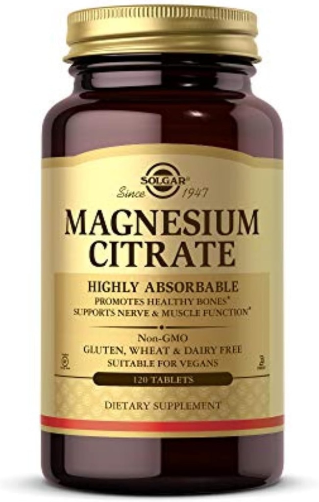Solgar Magnesium Citrate, 120 Tablets - Promotes Healthy Bones - Supports Nerve & Muscle Function - Non GMO, Vegan, Gluten Free, Dairy Free, Kosher - 60 Servings, Standard Packaging