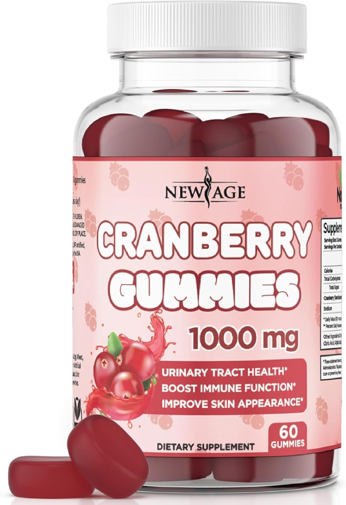 NEW AGE Cranberry Gummies Urinary Tract Health Gummies 1000mg - Supports Bladder, Kidney, UTI - Vegetarian (Cranberry 60 Gummies)