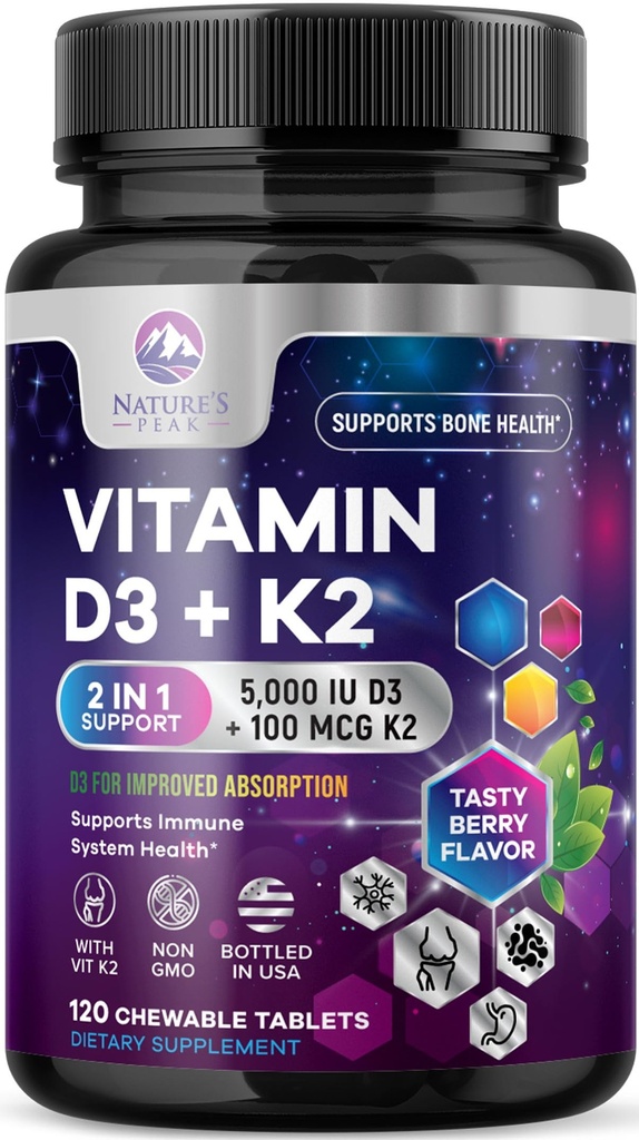 Vitamine D3 K2 - 5000 iu Vitamine D3 & 100 mcg Vitamine K2 (MK-7) Complexe pour le soutien immunitaire - Soutien de la santé des os, des dents et des muscles - Berry Chewable, sans gluten, sans OGM, mis en bouteille aux États-Unis - 120 comprimés