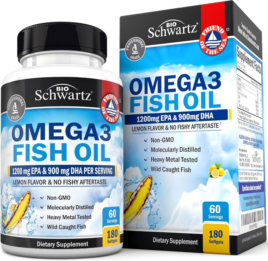Supplément à l'huile de poisson Triple Strength Omega 3 - 2250mg EPA DHA Omega 3 Acides gras de poissons sauvages frais capturés, sans Burpless Lemon Flavor formule soutient la santé des yeux et plus, sans gluten, 180 Softgels
