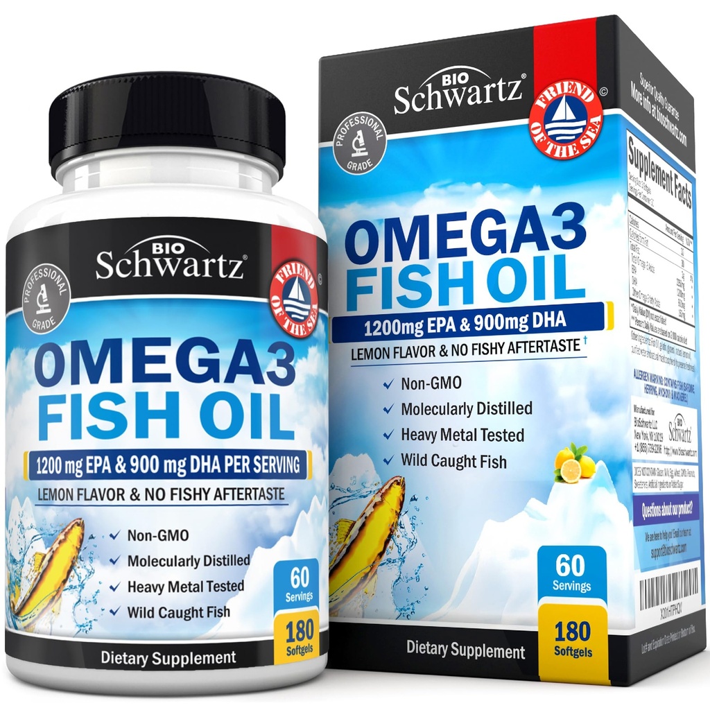 Supplément à l'huile de poisson Triple Strength Omega 3 - 2250mg EPA DHA Omega 3 Acides gras de poissons sauvages frais capturés, sans Burpless Lemon Flavor formule soutient la santé des yeux et plus, sans gluten, 180 Softgels