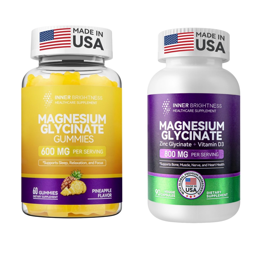 Magnésium Glycinate : Gommies pour adultes, Sommeil, Relaxation et Focus, Arôme d'Ananas et Capsules avec Zinc et Vitamine D3 pour Soutien au sommeil