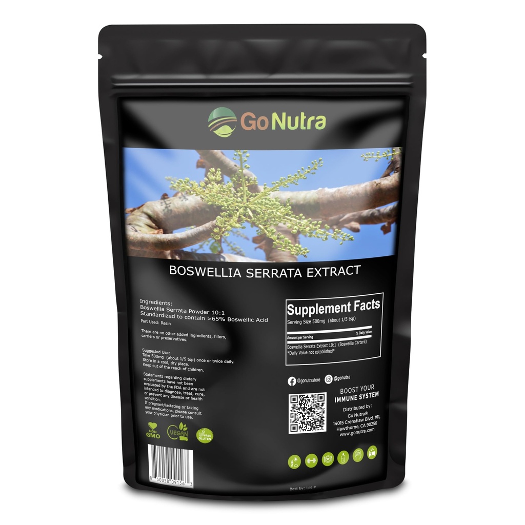 Go Nutra Boswellia Serrata Extract Powder 10:1 Force 65% Boswellic Acid Frankincense Supplément Joint Support - 8 oz.