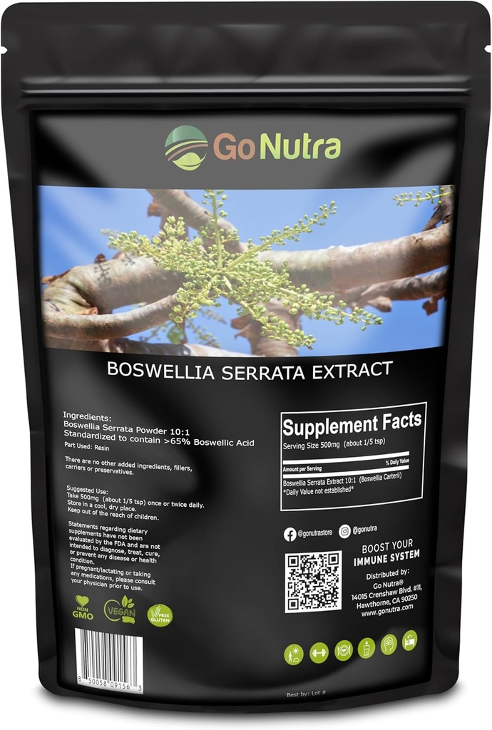 Go Nutra Boswellia Serrata Extract Powder 10:1 Force 65% Boswellic Acid Frankincense Supplément Joint Support - 8 oz.