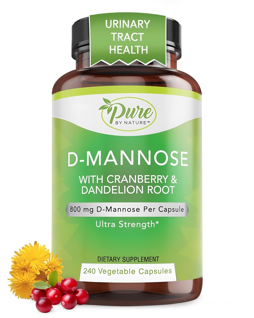 Pure By Nature 600mg D-Mannose Capsules végétaliennes avec extrait de canneberge et de dandelion, soutien de la santé du piège urinaire, urine impureté, corps de détox, 240 Nombre