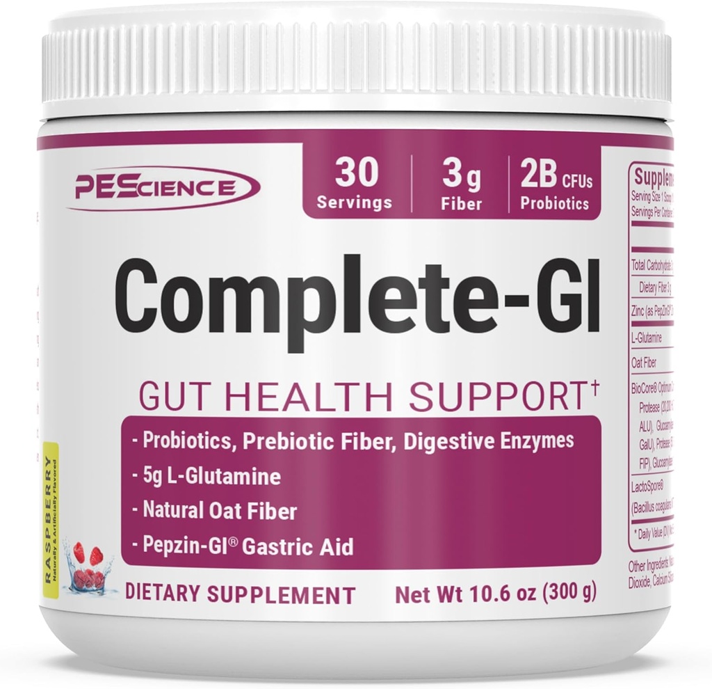 PEScience Complete-GI Gut Health Powder, Probiotiques pour les femmes et les hommes, Enzymes digestifs, Fibre prébiotique, L Glutamine, Peptzin GI Zinc Carnosine, Raspberry Flavor, 30 portions