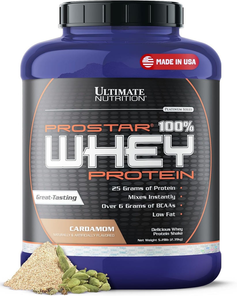 Ultimate Nutrition Prostar Whey Protéine Poudre Isolée, Cardamon - Faible Carb, Poudre à haute protéine Shake pour le gain musculaire et la récupération - Faible Sodium, Faible Fat et Keto Friendly - 5,28 lbs Tub