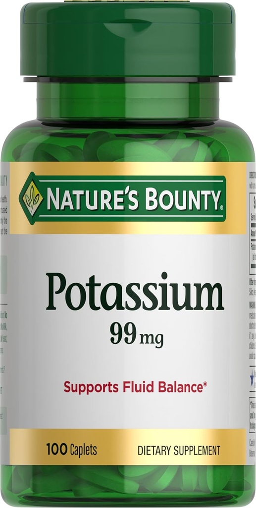 Nature's Bounty Potassium 99mg, Supports Fluid Balance and Muscle Activity, Involved in Normal Heart Function, Potassium Gluconate Dietary Supplement, Gluten Free, 1 Per Day, 100 Vegetarian Caplets