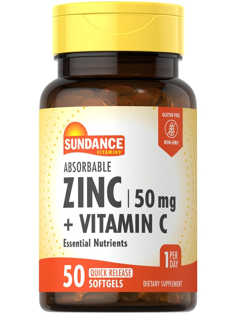 Zinc absorbable Sundance avec vitamine C de 50mg de 50 Softgels