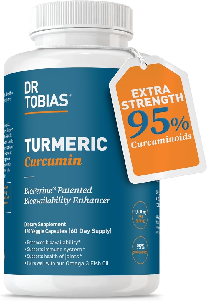 Dr Tobias Curcumin Turmeric 1500mg avec BioPerine – Supplément de force supplémentaire avec 95% Curcuminoïdes pour le soutien articulaire, Vitalité globale et santé immunitaire, 120 Capsules Vegan, Non-OGM