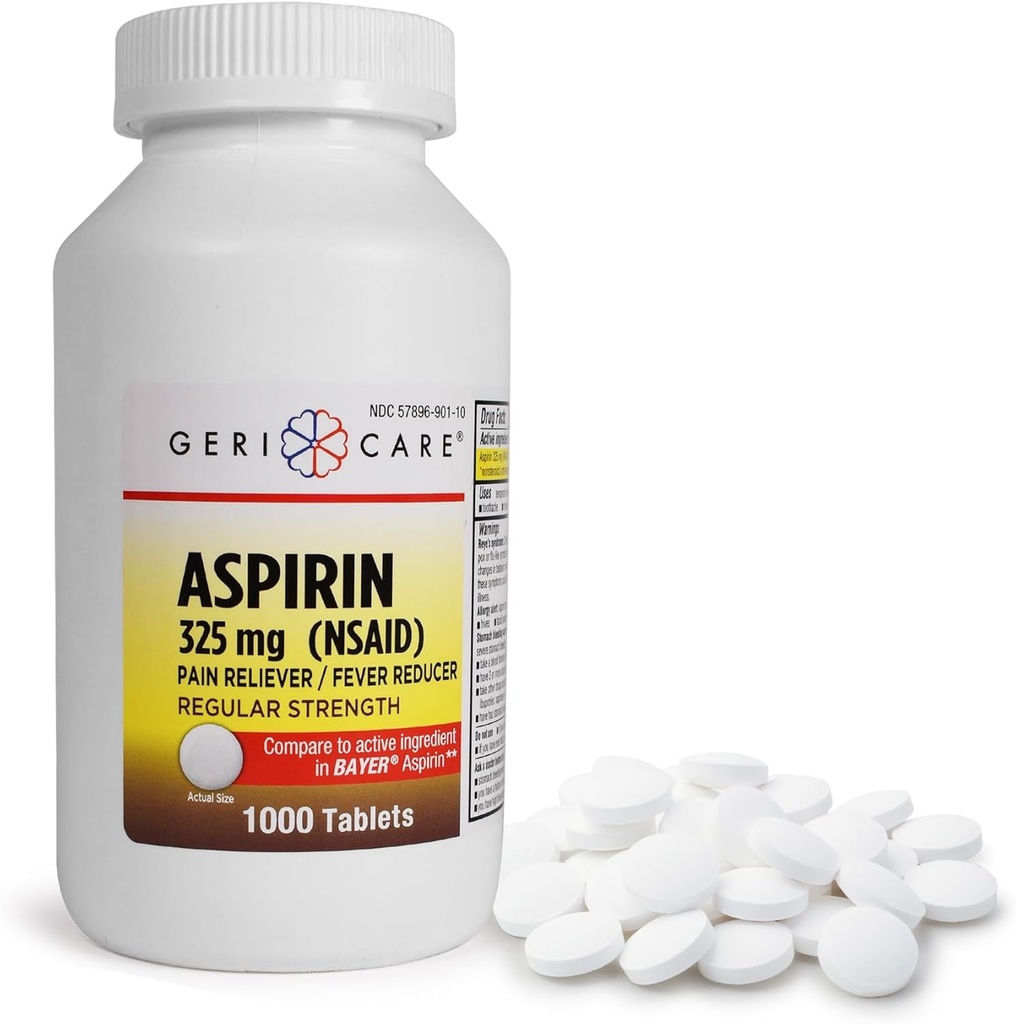 GeriCare Aspirine Comprimés 325mg - Reliever la douleur et réducteur de fièvre Aspirines non enrobées pour adultes et enfants 12+ (NSAID) Idéal pour les maux de tête, les dents, l'arthrite, les douleurs menstruelles et musculaires (bouteille de 1 000)