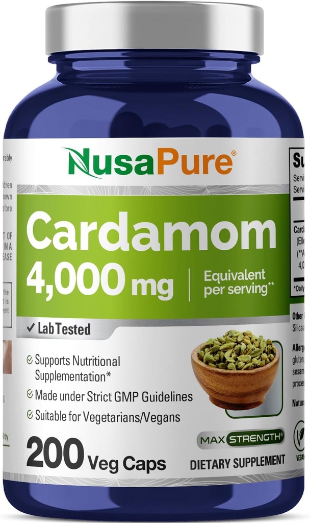 NusaPure Cardamom 4:1 Extrait, 1000 mg équivalent à 4 000mg 200 Capsules végétariennes (non OGM, végétalien)