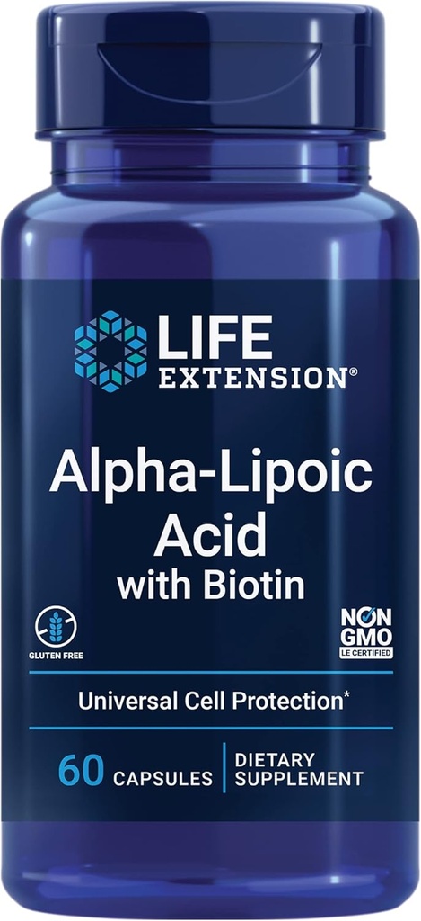 Extension de vie acide alpha-lipoïque avec biotine, pour la protection cellulaire, antioxydant universel pour la santé du foie et des nerfs, sans gluten, sans OGM, 60 capsules
