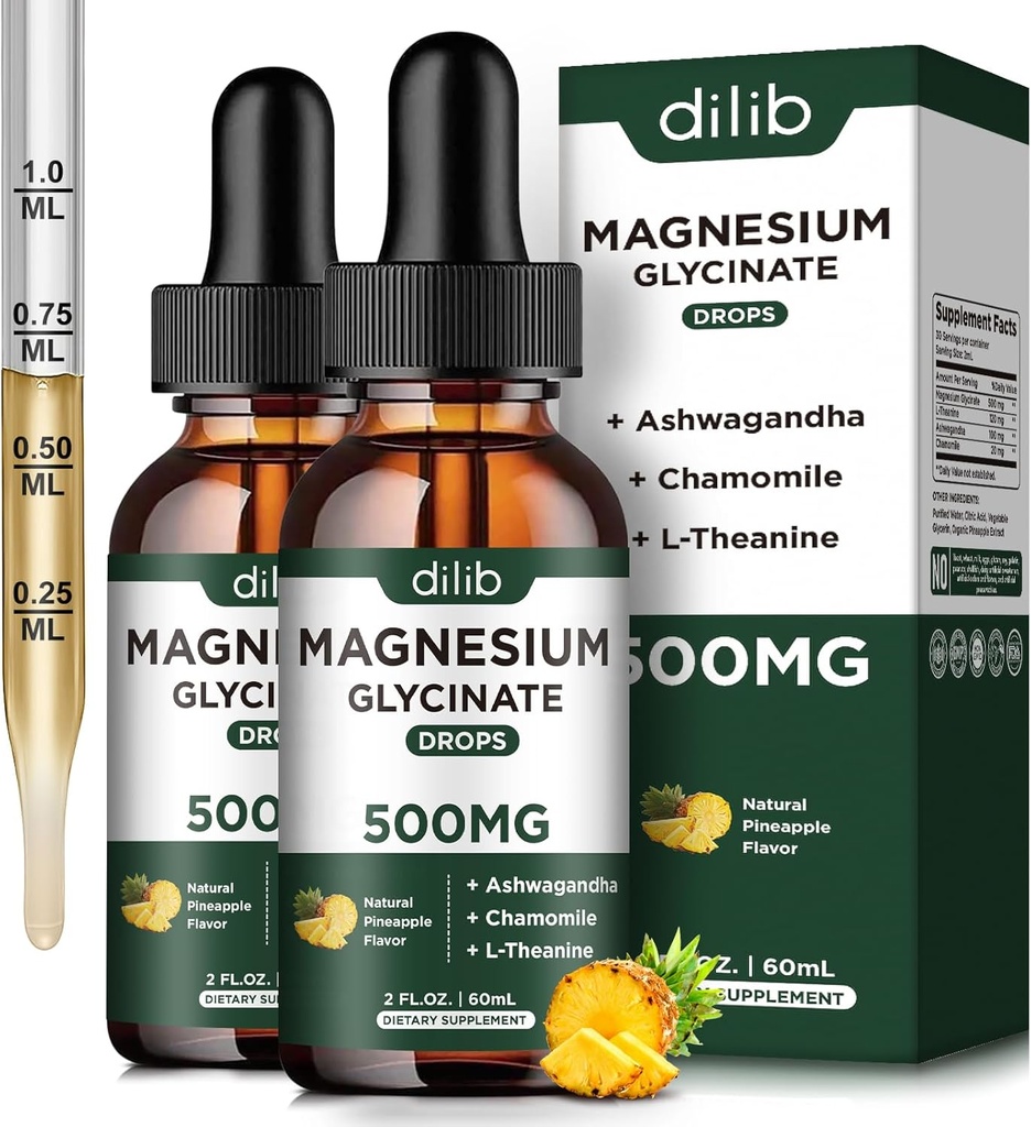 (2 Pack) Supplément de Glycinat de magnésium, gouttes liquides de magnésium avec Glycinat de magnésium 500mg Ashwagandha, L - Theanine, Camomille - soutient le sommeil calme optimal Vegan