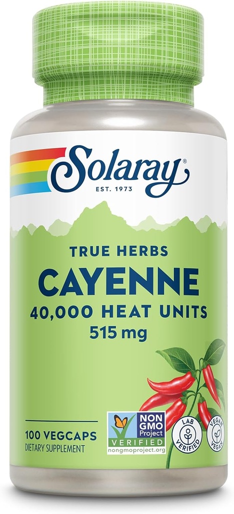 SOLARAY Cayenne Capsules de Pepper avec Capsaicin - Suppléments Capsaicin pour un support de bien-être puissant - 40 000 unités de chaleur par VegCap - Vegan, non-OGM, sans gluten, garantie de 60 jours, 100 portions