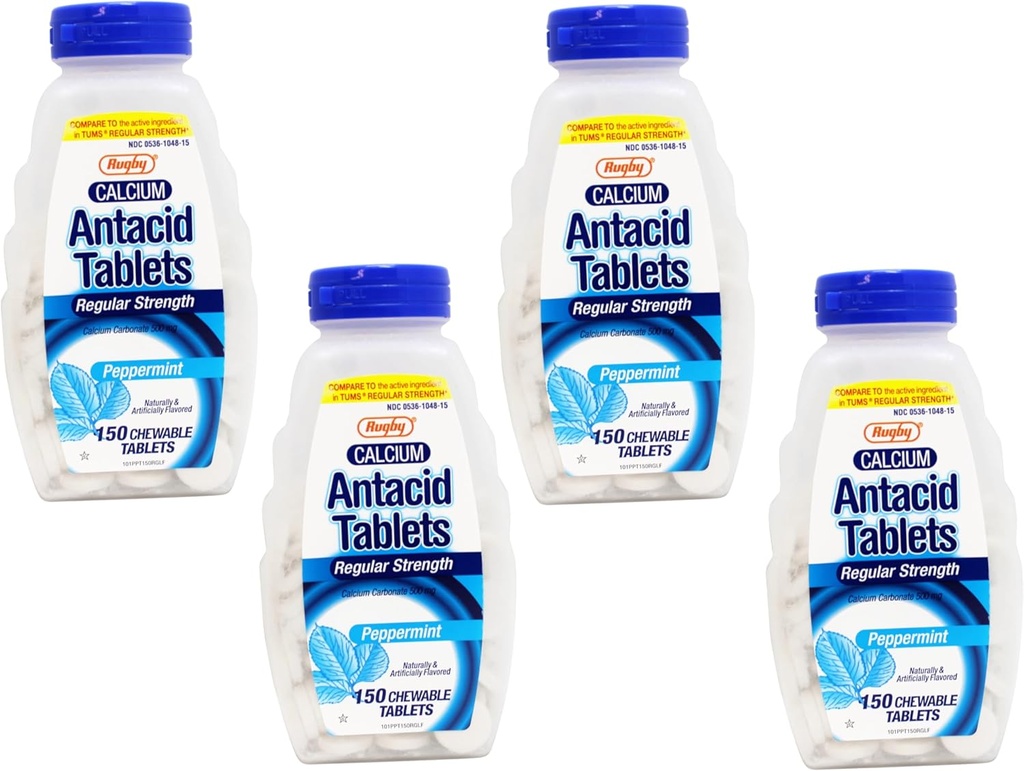 rugby carbonate de calcium 500mg comprimés antiacide menthe poivrée, strengh régulière, 150 comprimés à croquer - 4 boîtes