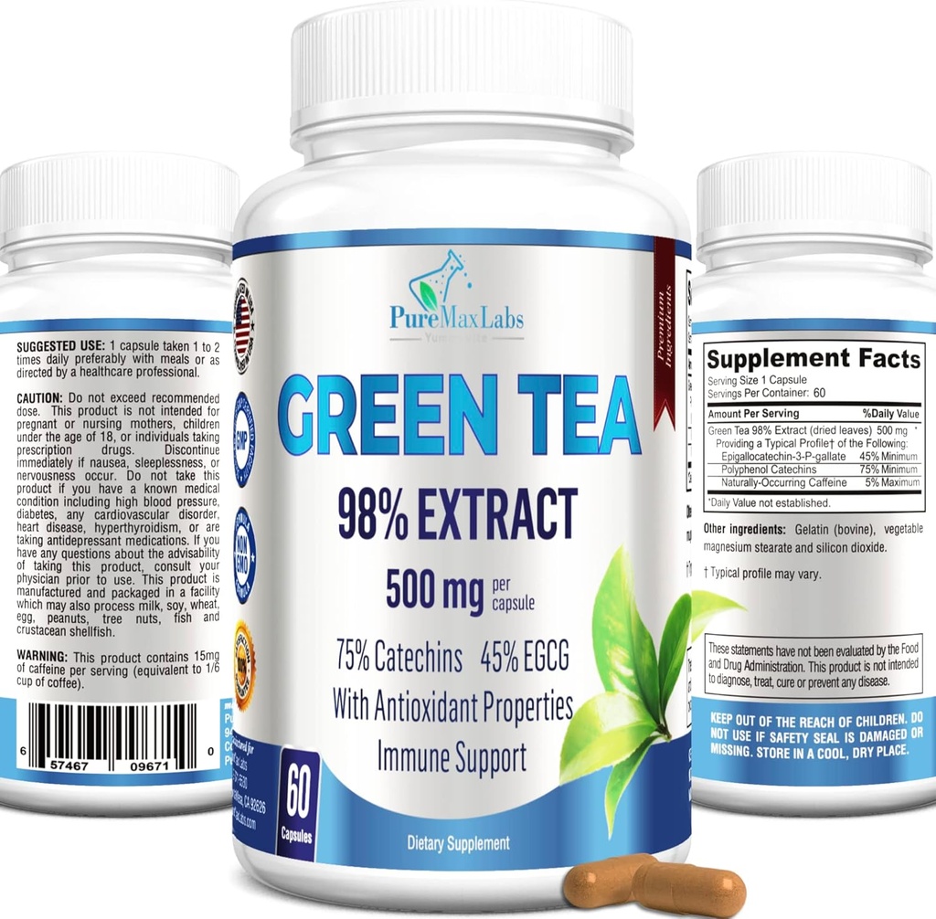 Green Tea Extract 98% - 3X Strength, 75% Polyphenol Catechins, 45% EGCG, Super Antioxidant - 60 Capsules