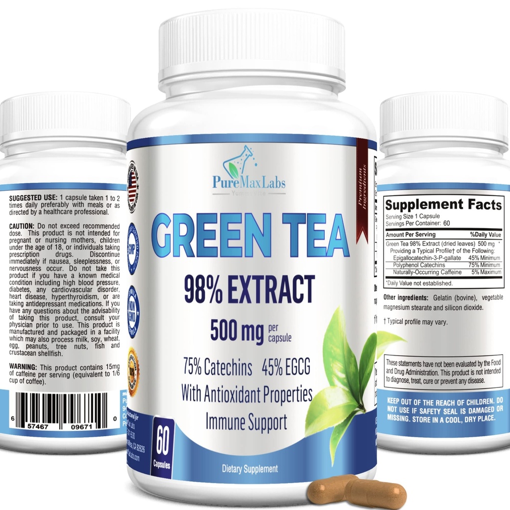 YUMMYVITE Green Tea Extract 98% - 3X Strength, 75% Polyphenol Catechins, 45% EGCG, Super Antioxidant - 60 Capsules