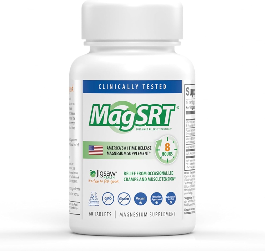 Jigsaw Health MagSRT | Magnesium Supplement with Vitamin B6, Folate & B12 | 60 Tablets | 15 Servings