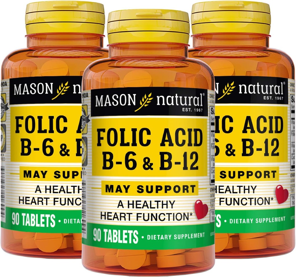 MASON NATURAL Formule cardiaque B6/B12/Comprimés d'acide folique, supplément alimentaire soutient la santé cardiovasculaire, la formation de globules rouges, la fonction métabolique, 90 Compte (paquet de 3)