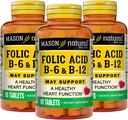 MASON NATURAL Formule cardiaque B6/B12/Comprimés d'acide folique, supplément alimentaire soutient la santé cardiovasculaire, la formation de globules rouges, la fonction métabolique, 90 Compte (paquet de 3)