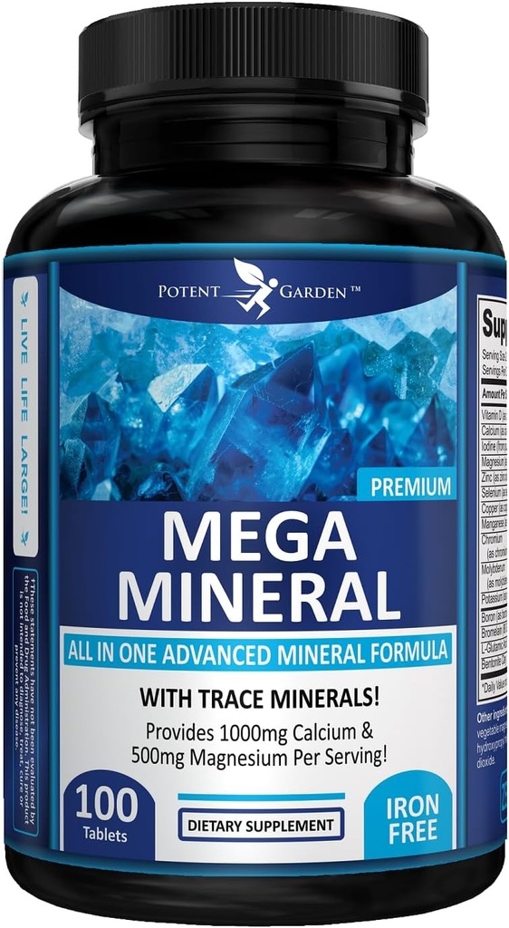 Potent Garden Mega Mineral Supplement Complexe minéral complet avec Calcium Magnésium Zinc Potassium Boron Sélénium Chrome & 72 Trace Minerals Supplément de calcium sans fer -100 pilules