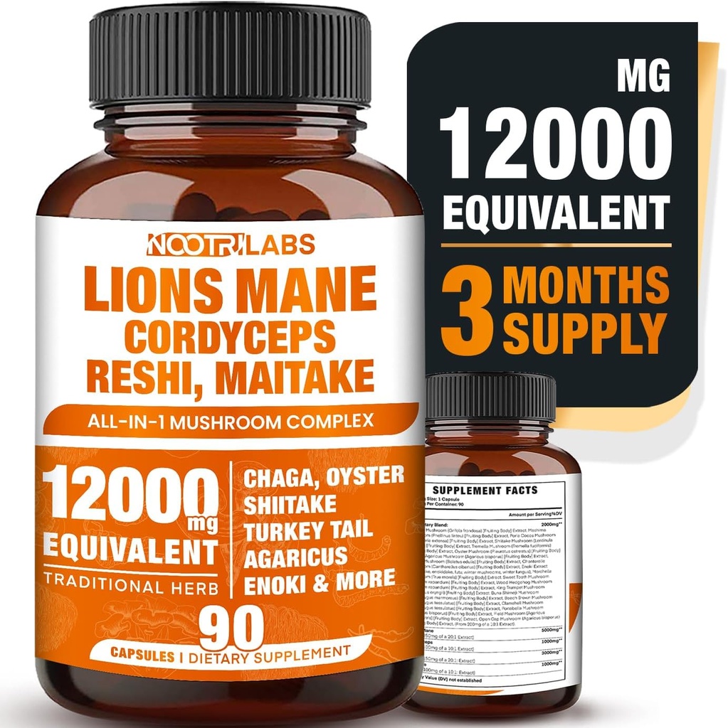 Complexe des champignons 12000mg Capsules - Lions Mane, Cordyceps, Reshi, Maitake - Nootropics Cerveau, stimule la mémoire, l'énergie, la fonction cognitive et améliore Focus, Système immunitaire, Antioxydant - 90 Capsules Vegan