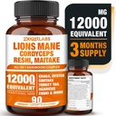 Complexe des champignons 12000mg Capsules - Lions Mane, Cordyceps, Reshi, Maitake - Nootropics Cerveau, stimule la mémoire, l'énergie, la fonction cognitive et améliore Focus, Système immunitaire, Antioxydant - 90 Capsules Vegan