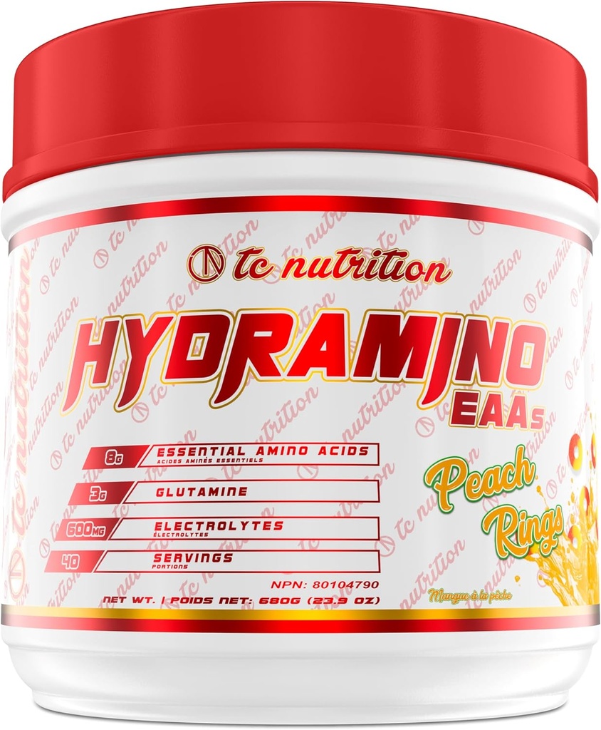 Hydramino EAA + BCAA en poudre - 40 portions - Supplément d'acides aminés essentiels et poudre d'électrolyte pour la récupération, la résistance et l'hydratation, 7g BCAA, 8g EAA, 600mg Électrolytes (Vegan, anneaux de pêche)