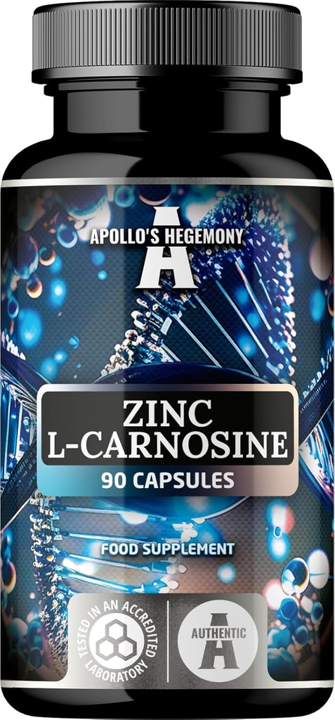 Zinc L-Carnosine 37,5mg par gélule, 90 capsules véganes, 3 mois d'approvisionnement, supplément de zinc et bêta-alanine acide amino, par hégémonie d'Apollon.