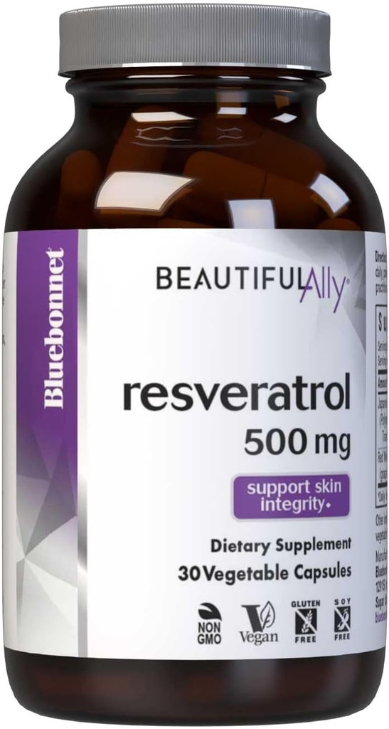 Bluebonnet Nutrition Beau résvératrol allié 500mg, Protéger l'intégrité de la peau*, non-OGM, végétalien, sans gluten, sans soja, sans lait, 30 capsules végétales, 30 portions