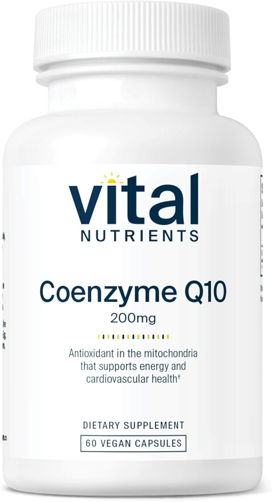 Les nutriments vitaux CoQ10 200mg , Supplément végétalien , Antioxydant potentiel de Coenzyme Q10 pour soutenir la santé cardiaque et les niveaux d'énergie* , sans gluten, sans lait et sans soja 60 capsules