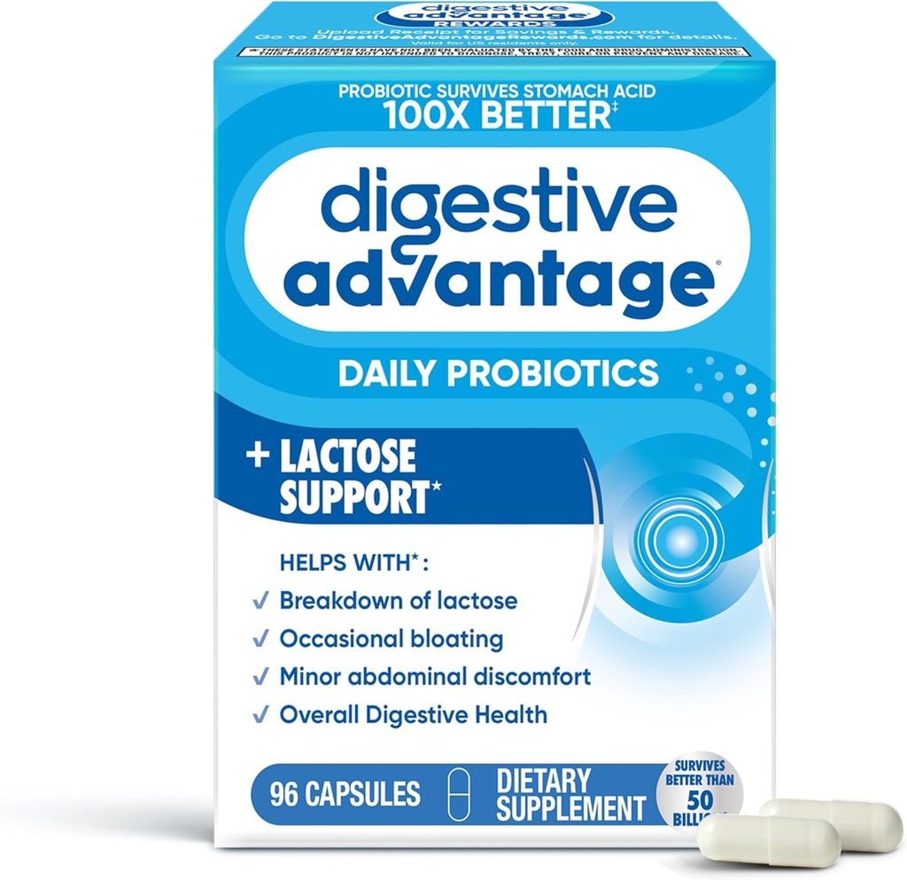 Avantage digestif Capsules de défense contre la lactose (96 Compte en boîte), aide à briser la lactose et à se défendre contre l'attaque digestive, soutient la santé digestive et immunitaire, UFC
