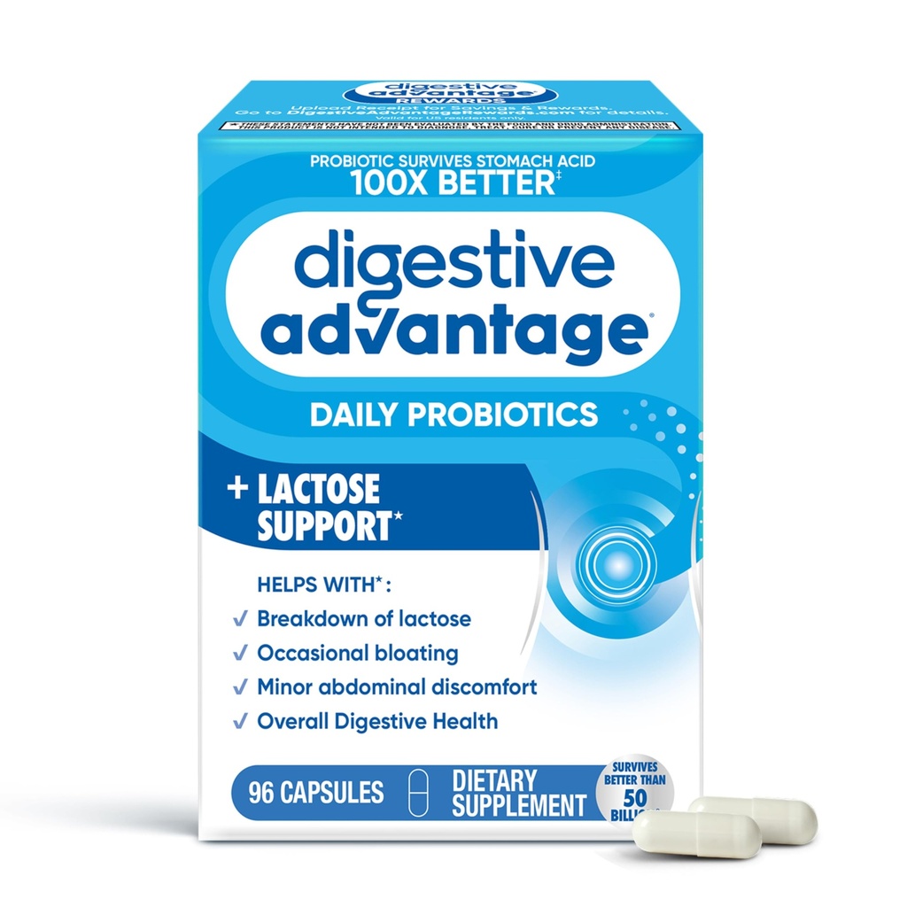 Digestive Advantage Lactose Defense Enzymes + Probiotics for Women & Men Occasional Bloating, Lactose Breakdown, Minor Abdominal Discomfort, Immune Support, 96 Count Capsules