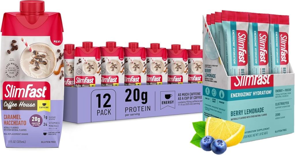SlimFast Bundle: Electrolytes à jeun intermittents, Mélange de poudre d'énergie, Caféine de sources naturelles- Berry Lemonade (12 Compte) + substitut de repas haute protéine Shake, Caramel Macchiato, 12 Pack