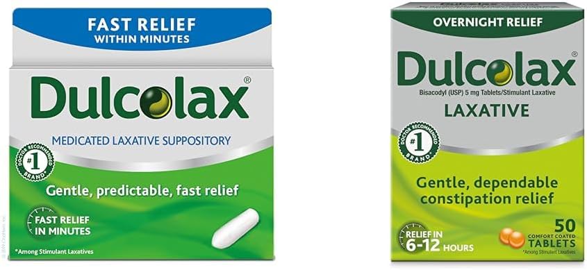 Dulcolax Soulagement rapide Suppositoires médicamentées Laxatives Soulagement rapide, Usage rectal seulement, Bisacodyl, 10 mg et Soulagement de nuit pour soulager la constipation douce, Bisacodyl 5 mg Comprimés, 50 Compte