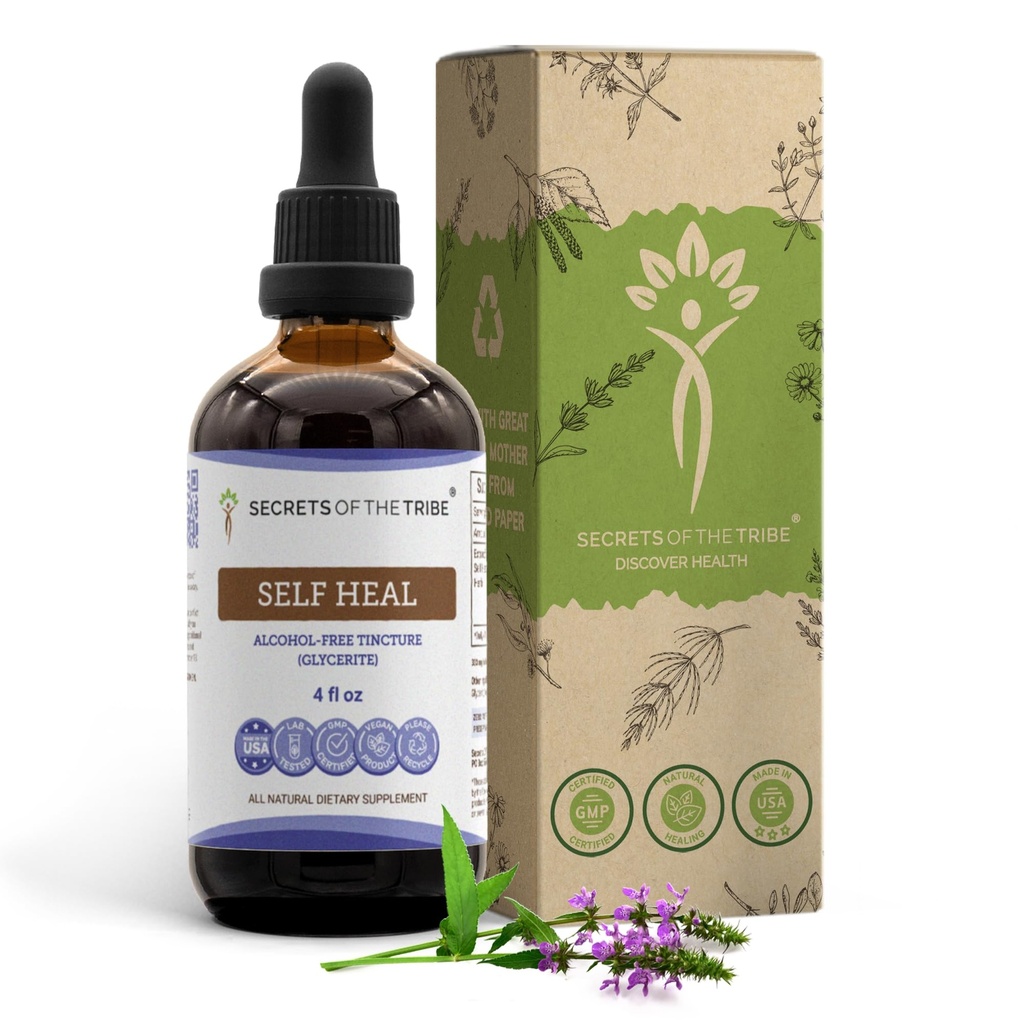 Secrets de la tribu Self Heal Extrait liquide sans alcool, Self Heal (Heal All, Prunella Vulgaris) Supplément de teinture aux herbes séchées (4 FL OZ)