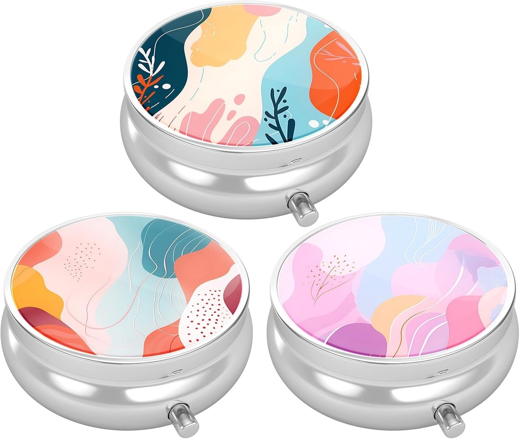 3 Pack Pill Box, petit étui à pilules pour la Purse & Pocket, Mignon organisateur de médicaments de voyage, porte-conteneur de médicaments portables pour tenir les vitamines, médicaments, huile et supplément de poisson, style d'art