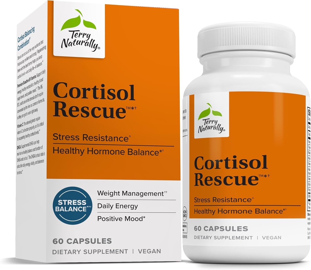 Terry Naturally Cortisol Rescue - Soutien à la réponse au stress avec vitamine C et vitamine B bioactive - Supplément de soutien à la santé et à l'énergie surrénale - 60 capsules (60 portions)