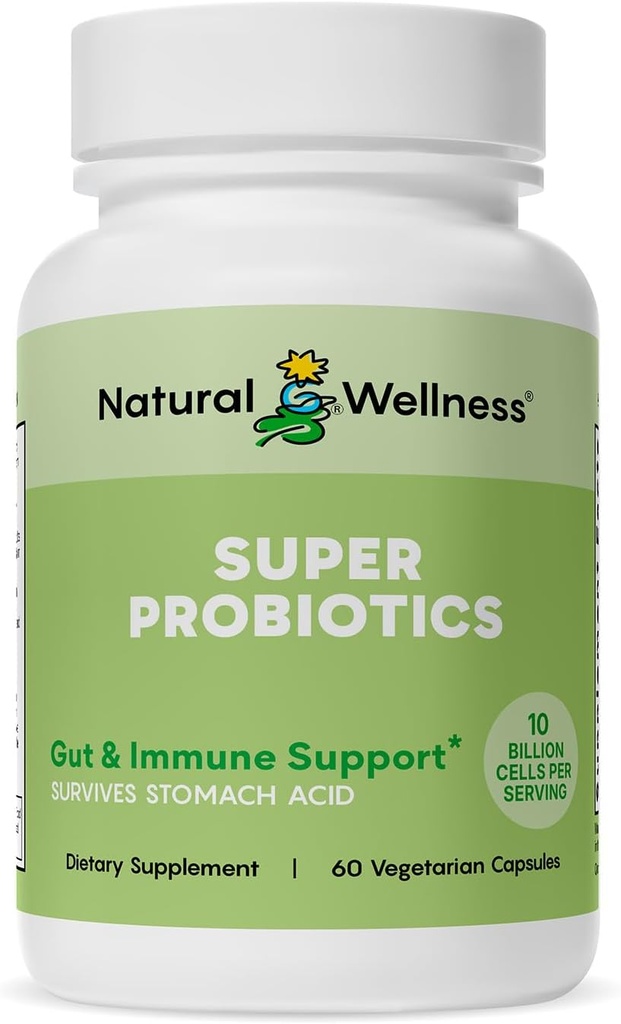 Bien-être naturel Super Probiotique + Mélange prébiotique – 10 milliards d'UFC avec 8 souches – Probiotiques pour les femmes et les hommes pour la santé digestive, l'équilibre gustatif et le soutien immunitaire – Non-OGM, 30 jours d'approvisionnement