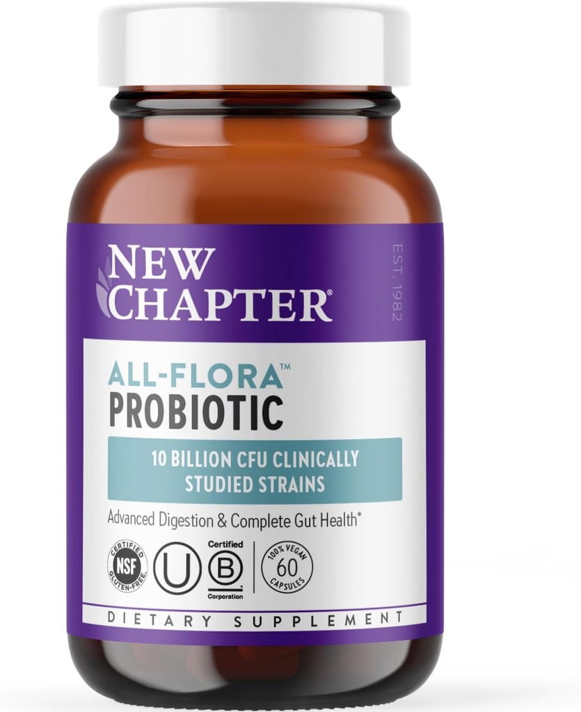 Nouveau chapitre Probiotic All-Flora - 60 ct (2 mois d'approvisionnement) pour la digestion avancée et la santé complète des intestins avec prébiotiques + postbiotiques, souche cliniquement étudiée, 100% végétalien, non-OGM, plateau stable